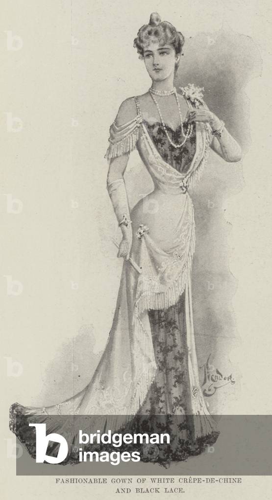 Bild von Druck "Modisches Kleid aus weißer Krepp-de-Chine und schwarzer Spitze (litho)" 1899 von English Schoo