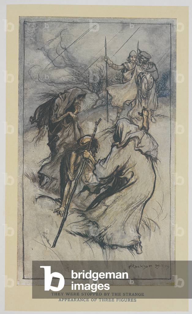 “Sie wurden durch die seltsame Erscheinung von drei Figuren gestoppt”. Eine Szene aus Macbeth. Macbeth und Ban