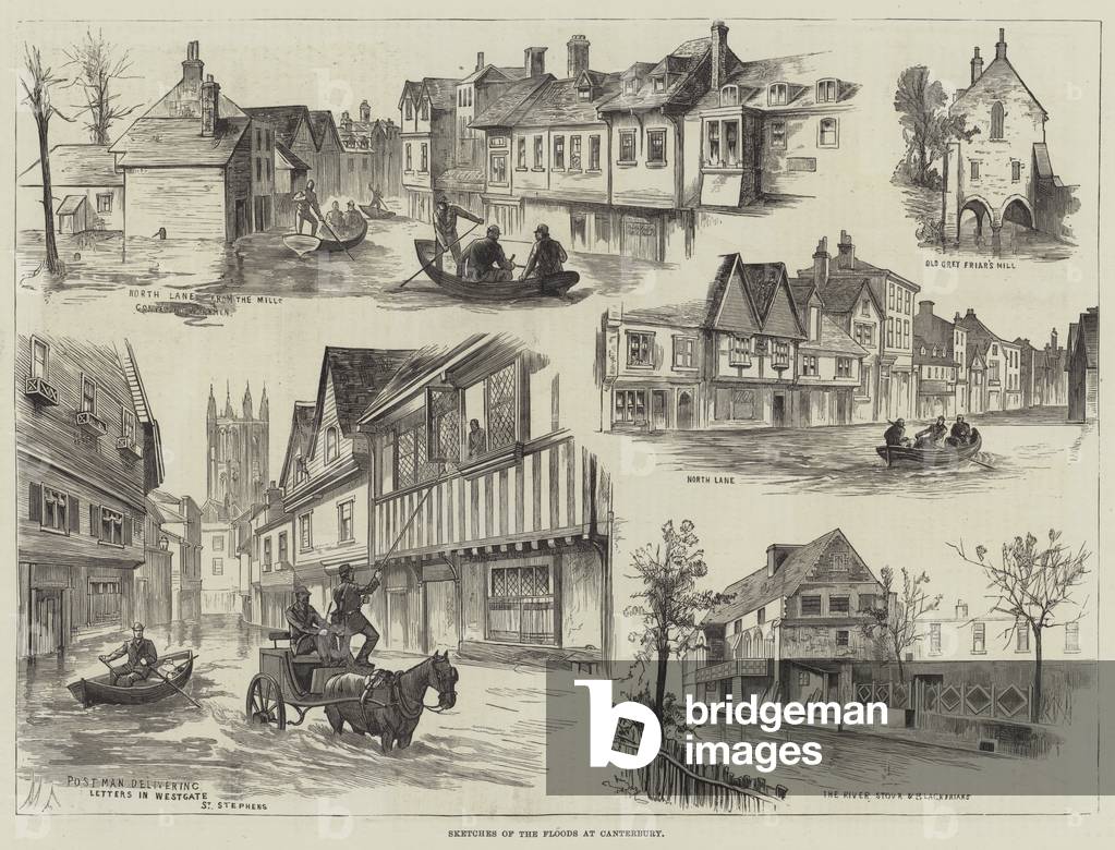 schizzi delle inondazioni a canterbury (incisione)