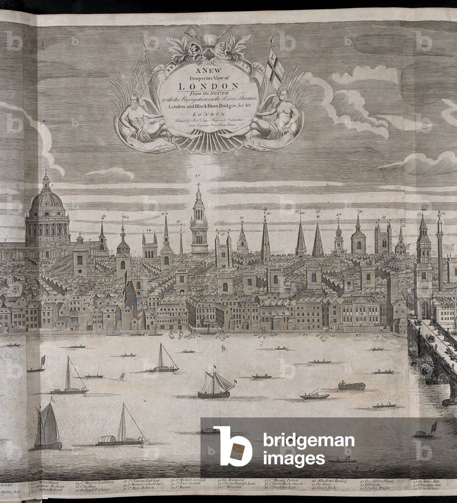 Illustrazione di una vista di Londra da sud.