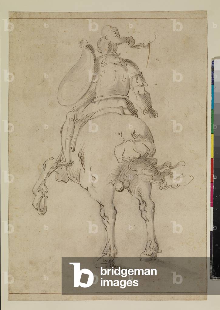 Soldato montato visto da dietro, sec. XVII (gesso nero, penna e inchiostro marrone, lavaggio grigio, su carta 