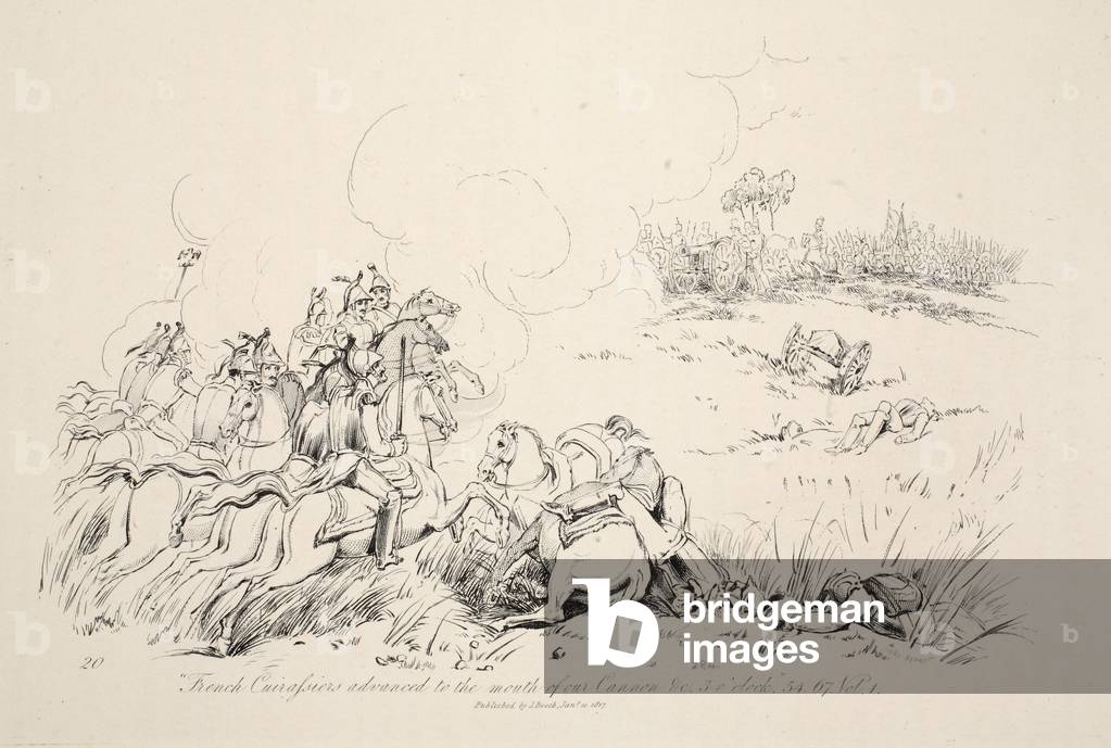 "Französische Carfusiers fortgeschritten an die Mündung unserer Kanone", 1816 von George Jones, b/w