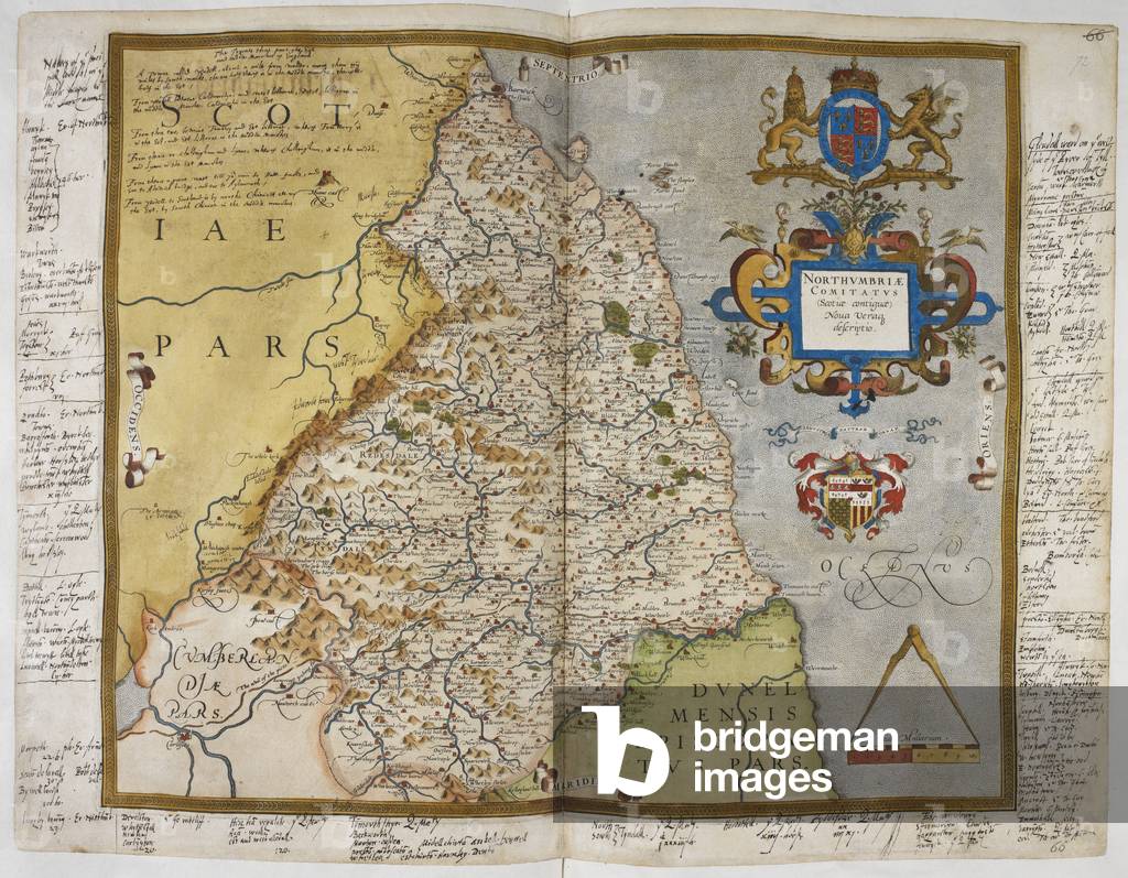 Gravierte Landkarte von Northumberland, aus Zeichnungen von Christopher Saxton. Der Königin Elizabeth I. gewid