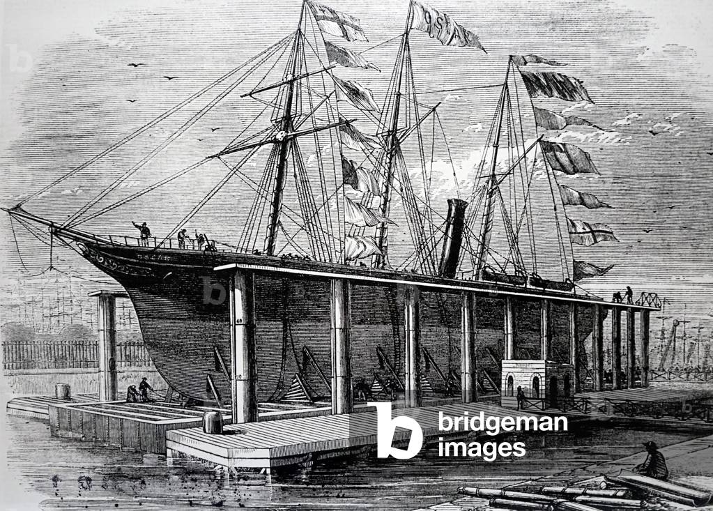 "Un ascensore idraulico al Victoria Docks" 1850, b/w