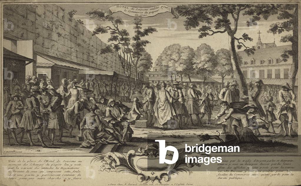 Image of Engraving depicting Stock exchange in the gardens of the Hotel de Soissons 1701 by French Artist, b/w