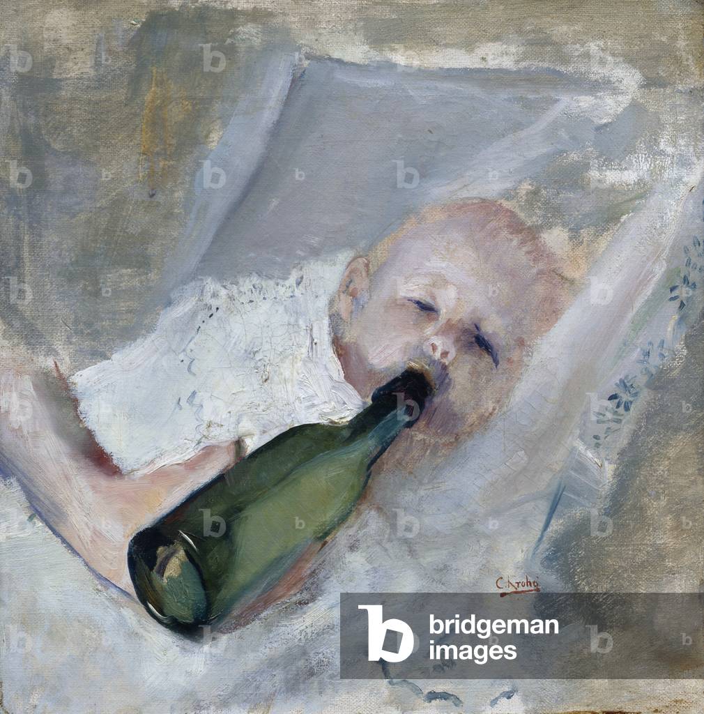 Bébé avec bouteille de lait (huile sur toile)