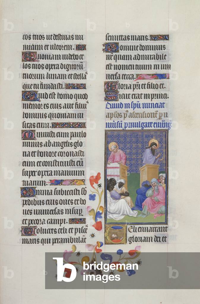 "Frau 65/1284 fol.28 Predigt der Apostel aus dem Très Riches Heures du Duc de Berry (vellum)" von Jean Colombe