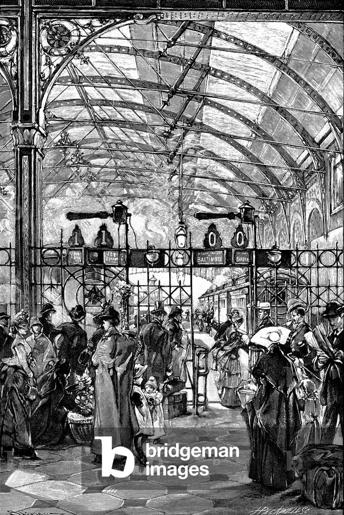 Ticket barrier at Philadelphia passenger station. From The Railways of America London 1890. Cast iron pillars 