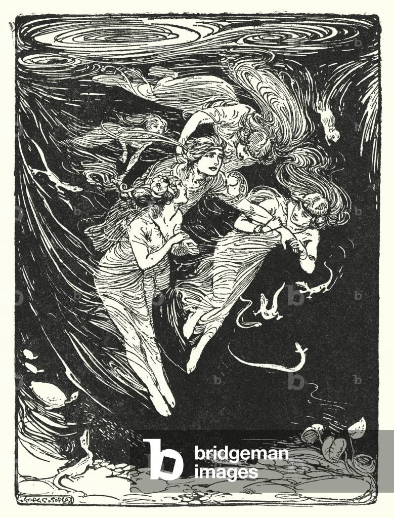 Jason und die Argonauten: „Die Wassernymphen trugen ihn unter den See, um ihr Spielfreund zu sein“ (litho)
