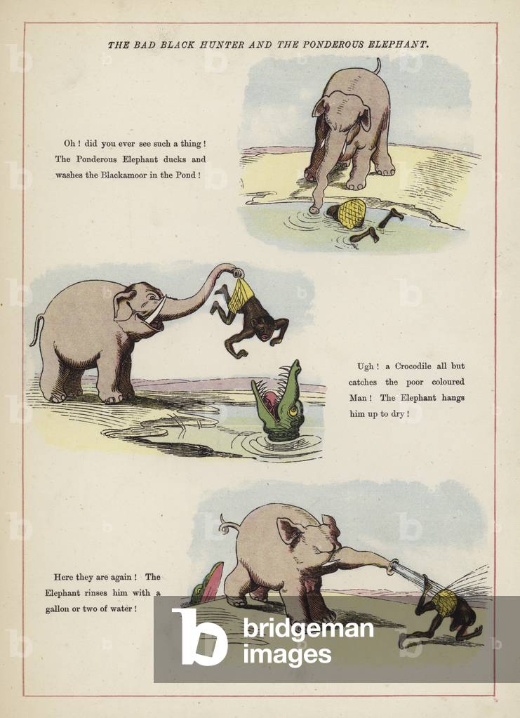 The Bad Black Hunter and the Ponderous Elephant (colour litho) by English Artist