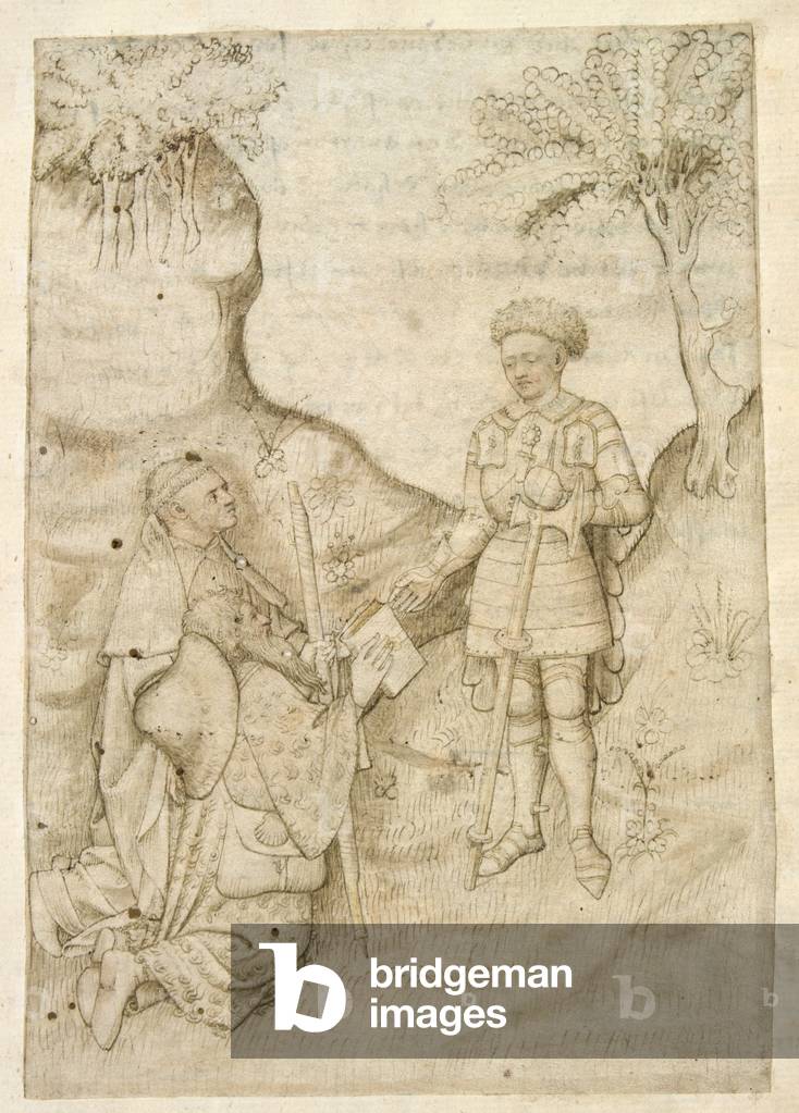 Détail d'une miniature insérée d'un pèlerin agenouillé, accompagné d'un moine, présentant un livre à un cheval
