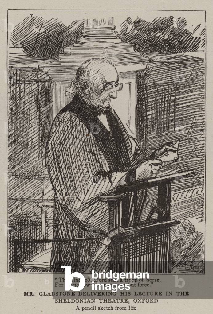 Mr Gladstone delivering his Lecture in the Sheldonian Theatre by English Artist, b/w