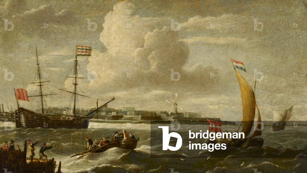 Dutch Warship anchored in a Bay with Boats coming ashore