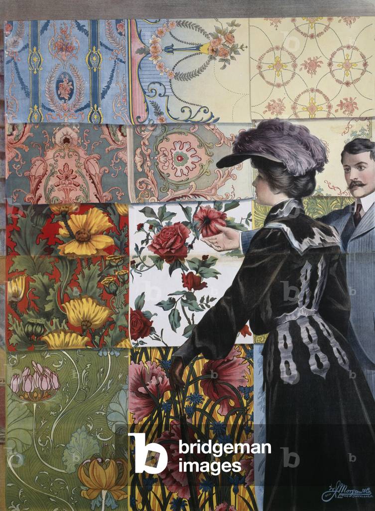 Verkäufer und Kunde in einem Tapeten-Showroom, 1899-1901 (Farbe litho)