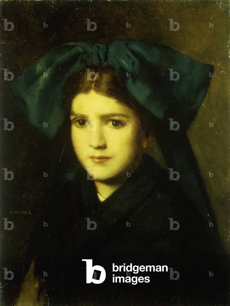 Un ritratto di una giovane ragazza con un arco nei suoi capelli (olio su tela)