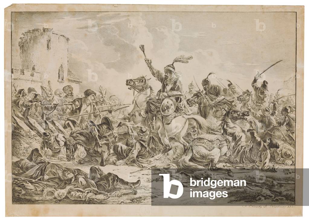 Immagine di Stampa "Battaglia tra i georgiani e il montagna tribù" 1826 di Alexander Orlowski, b/w