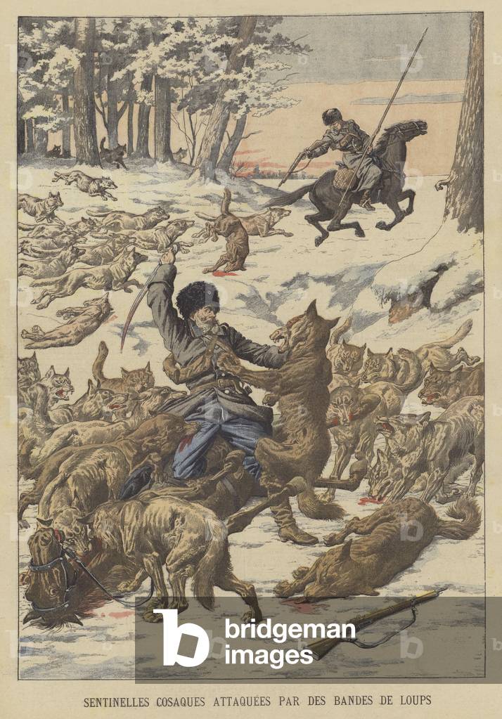 Kosakenwächter, die von Wölfpaketen in der Mandschurei angegriffen wurden (Farblitho)