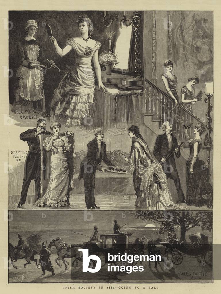"Irish Society in 1882" di English School, b/w