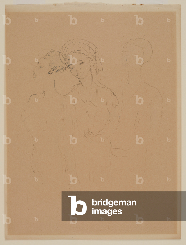 Image of Drawing depicting Three black women (pen and greenish-grey ink on yellowed paper) 1901 by Augustus Ed