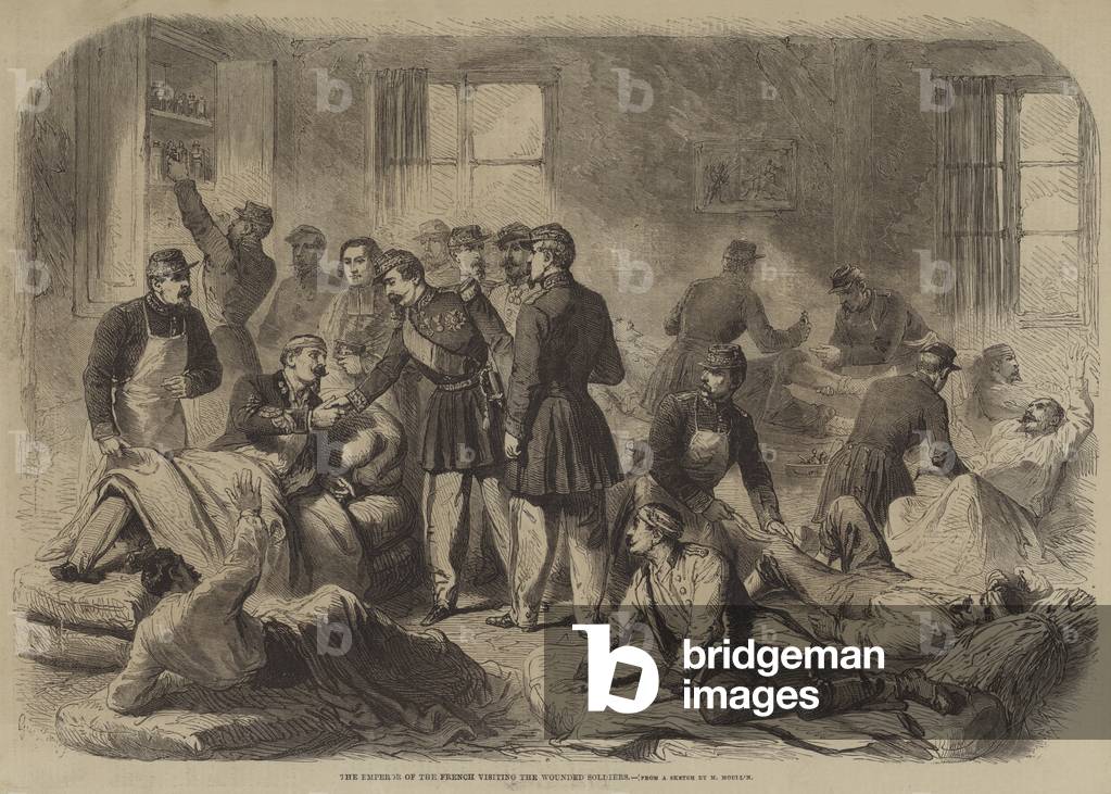 "L'imperatore dei francesi visita i soldati feriti (incisione)" di English School, b/w