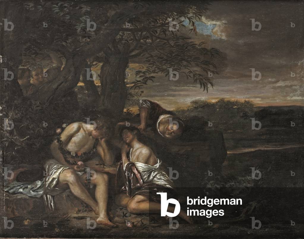 Una coppia addormentata, scoperta da tre donne in un paesaggio arcadico (olio su tavola)