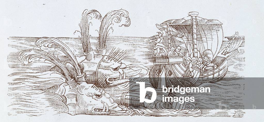 Odontoceti, balena dentata - Marinai che lanciano barili da una nave per conciliare due balene, pagina 217 da 