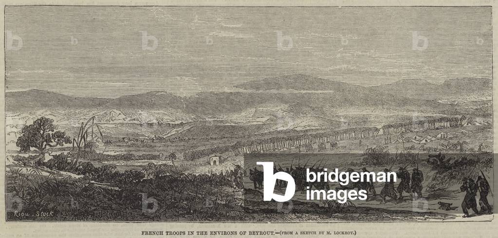 "truppe francesi nei dintorni di Beyrout (incisione)" di English School, b/w