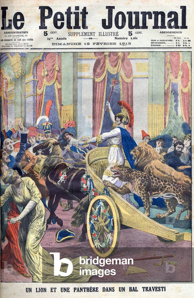 La Principessa Radziwill entra con un leone e un leopardo a un ballo in maschera a Roma, 1913 (stampa)