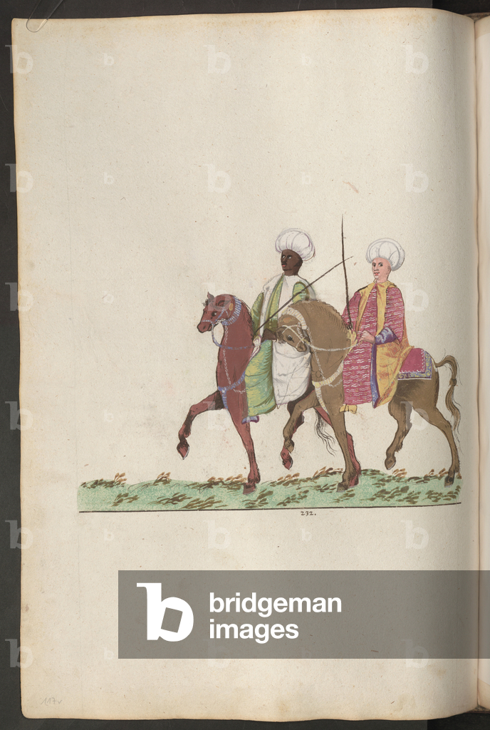 Image of Manuscript depicting The serail of the sultana: one black and one white eunuch on horseback by Erich 