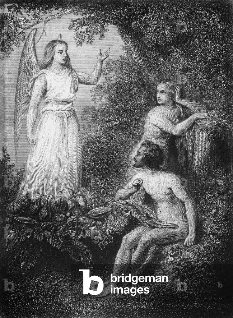 Archangel Raphael with Adam and Eve, illustration for Paradise Lost, epic  poem by John Milton (1608-1674), engraving by Ferdinand Delannoy  (1822-1887) after drawing by Pierre Gustave Eugene Staal (1817-1882) by  Staal, Pierre