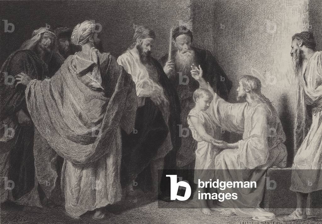 Jesus and a Child (engraving) by Albert Robida, b/w