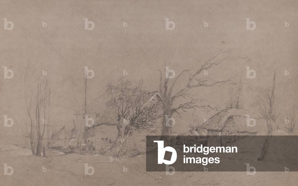 "Edifici agricoli da una riva di fiumi" 1840 di English School, b/w