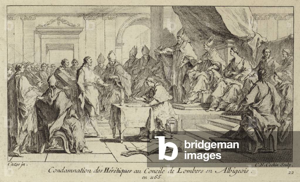 "Condanna dei catari come eretici al Consiglio dei Lomberi" di Charles Nicolas II Cochin, b/w