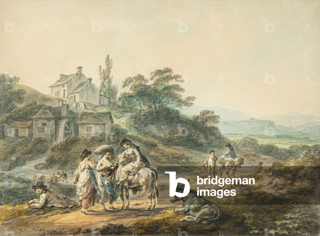 Bild von Zeichnung "Figuren auf einem Weg bei einer Mühle" 1798 von Julius Caesar Ibbetson