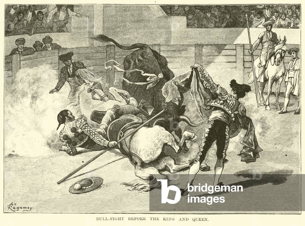 "Toro-lotta prima il re e la regina (incisione)" di American School, b/w