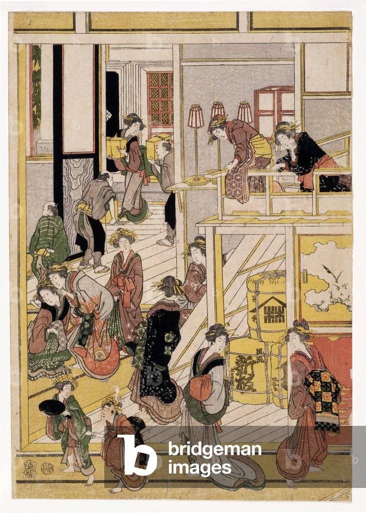 Capodanno della casa da tè Ogi-ya, c.1810 (stampe in legno) (vedi anche 406534, 406535 e 406536)