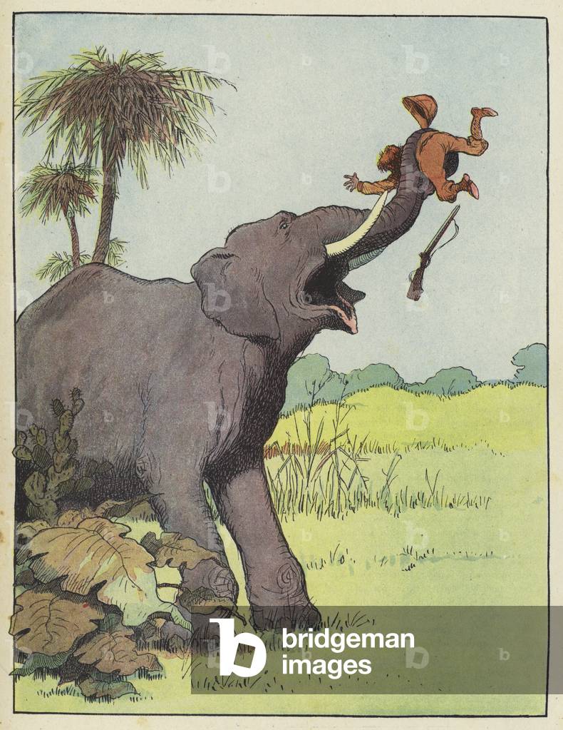 Elefant greift einen Jäger an (Farbe litho)