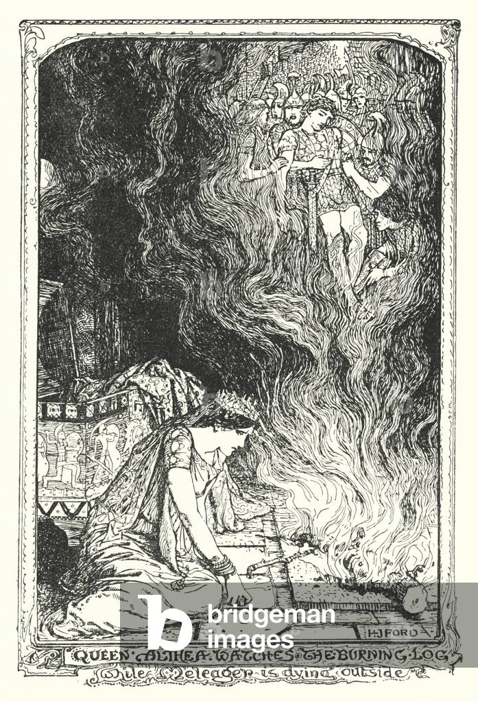 Königin Althea beobachtet den brennenden Baumstamm, während Meleager draußen stirbt (Litho)