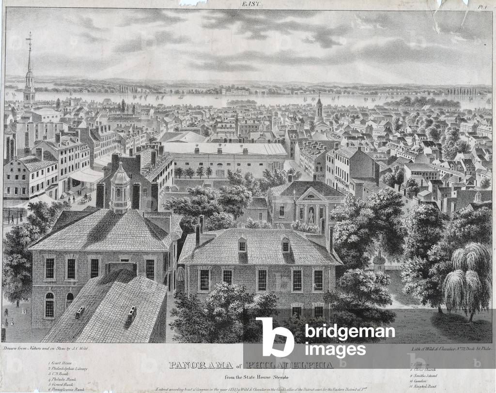 Bild von Druck "Panorama von Philadelphia vom Staatshaus steil", C.1838 von John Caspar Wild, b/w