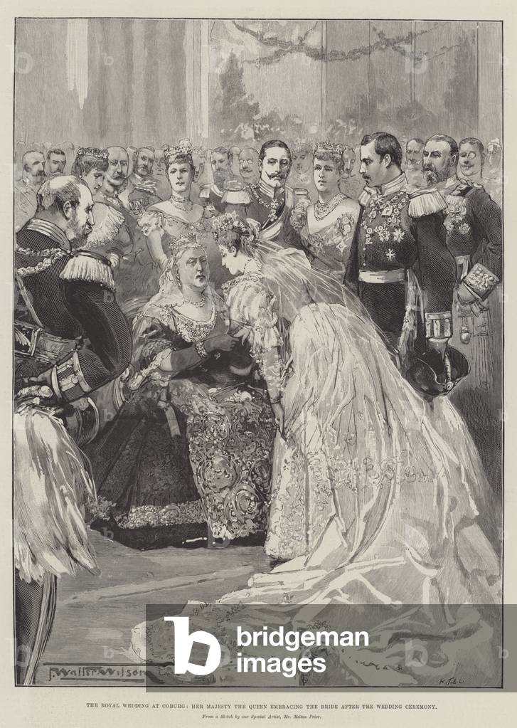 il matrimonio reale a Coburgo, Sua Maestà la Regina abbracciando la sposa dopo il matrimonio Cerimonia (incisi