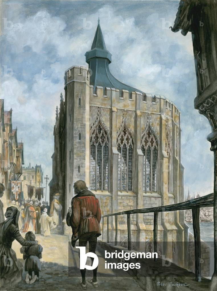 Image de Peinture représentant Reconstruction de la chapelle de St Thomas sur l'ancien pont de Londres (gouach