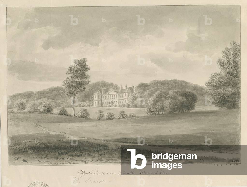 Immagine di Disegno "Cheadle - Booth Hall (' The Shawe'): disegno di lavaggio seppia" 1841 di John Chessell Bu