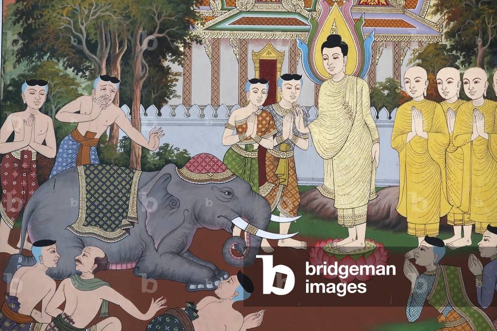 The Life of the Buddha, A wild elephant tamed by loving kindness, Wall fresco, Wat Maniratanaram monastery, Ph