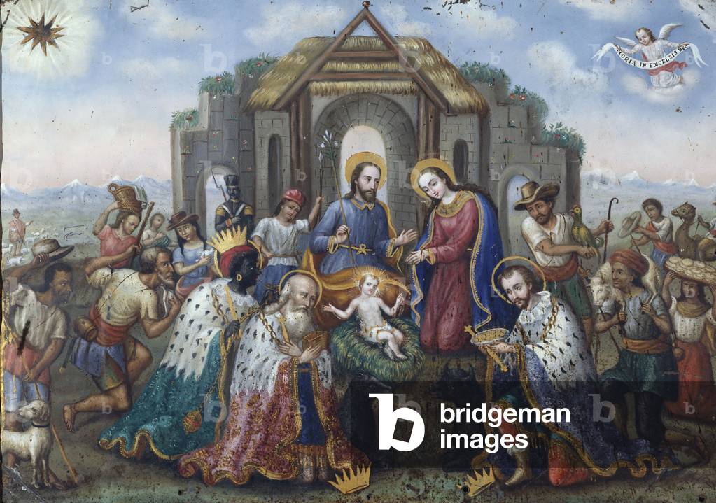 il natività con lestensione Adorazione dei magi e pastori, un andino paesaggio Oltre (olio e oro pittura su te