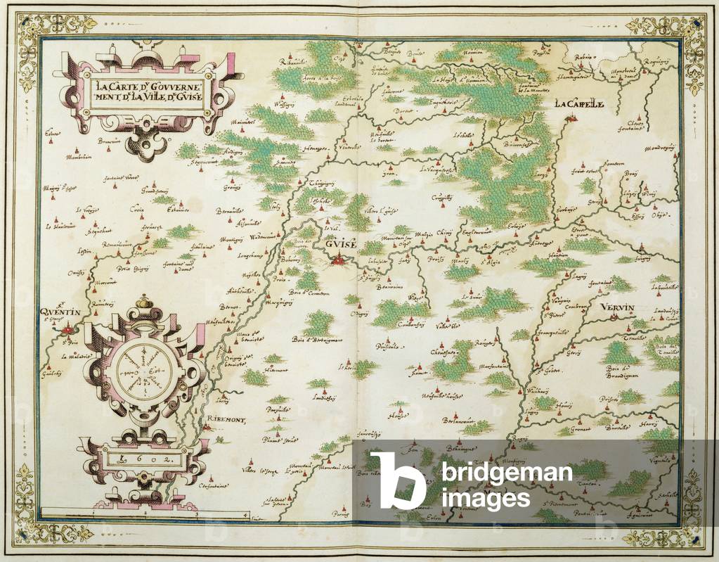 Map of Picardie, Boulonnois, Artois and Reconquered Territory, Government  of the Town of Guise, 1602-03 (colour engraving) by French School, (17th  century)