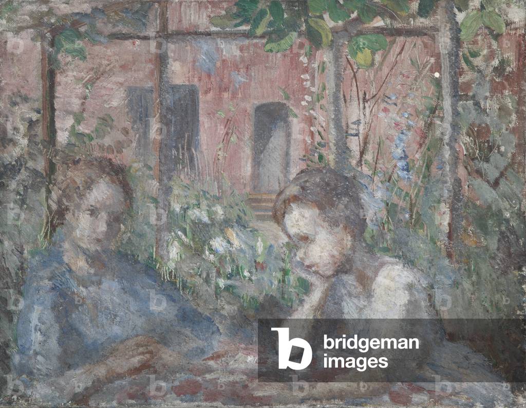 Ein Mädchen und ein Junge an einem Tisch unter einem Pergola (öl auf leinwand)