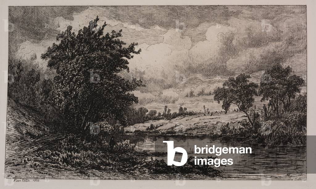 Bild von Gravur "Auf dem Shepang Fluss", 1880 von Hendrik Dirk Kruseman van Elten, b/w