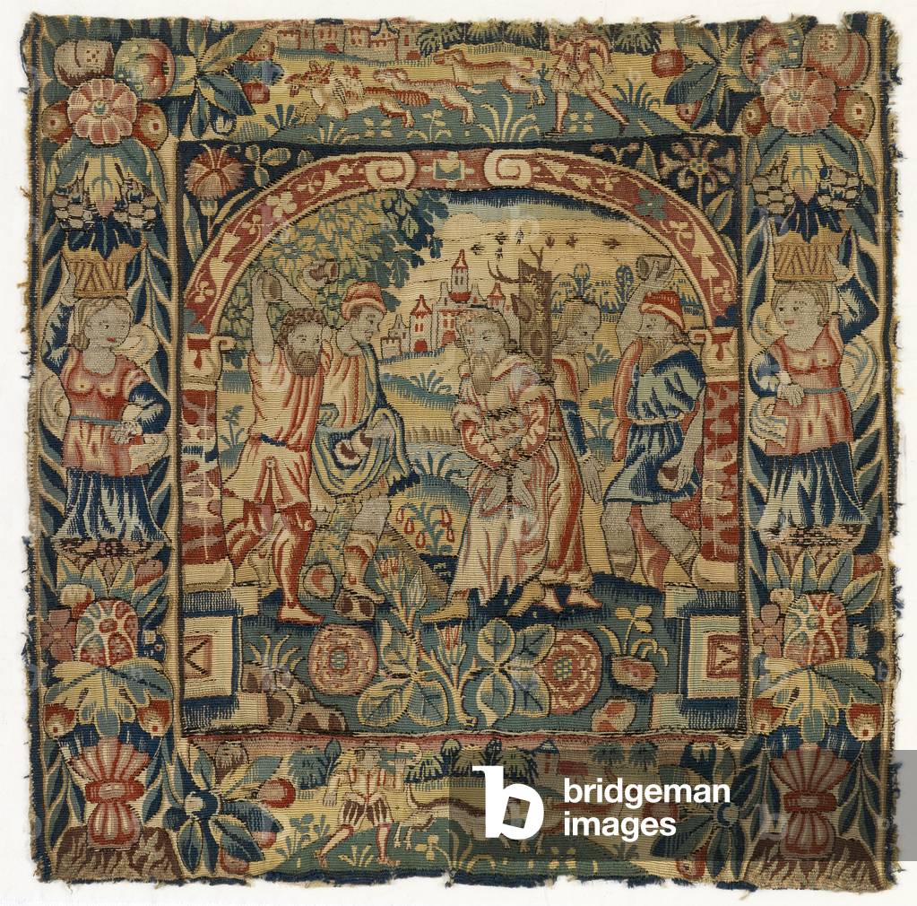 Kissenbezug aus Wandteppich, Motiv: The Stoning of the Elders, hergestellt in Sheldon, England, nach 1600 (Wol