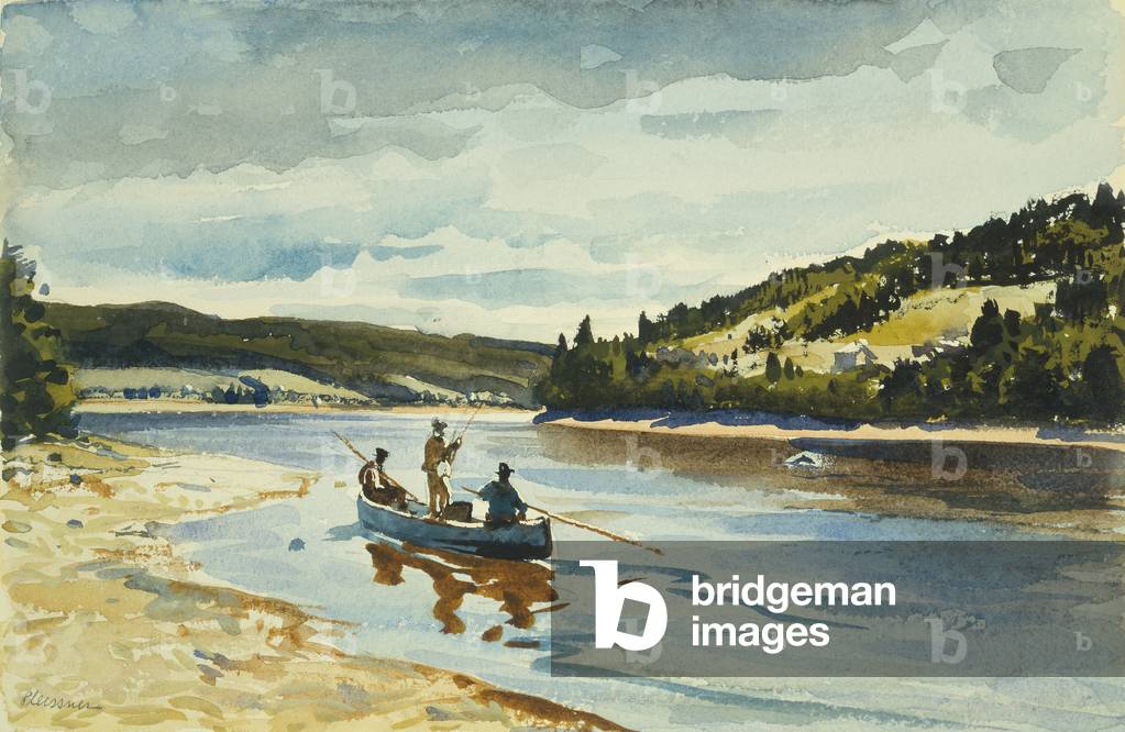 Pesca al Campo Pulitzer sul fiume Ristigouche (acquerello e matita su carta)