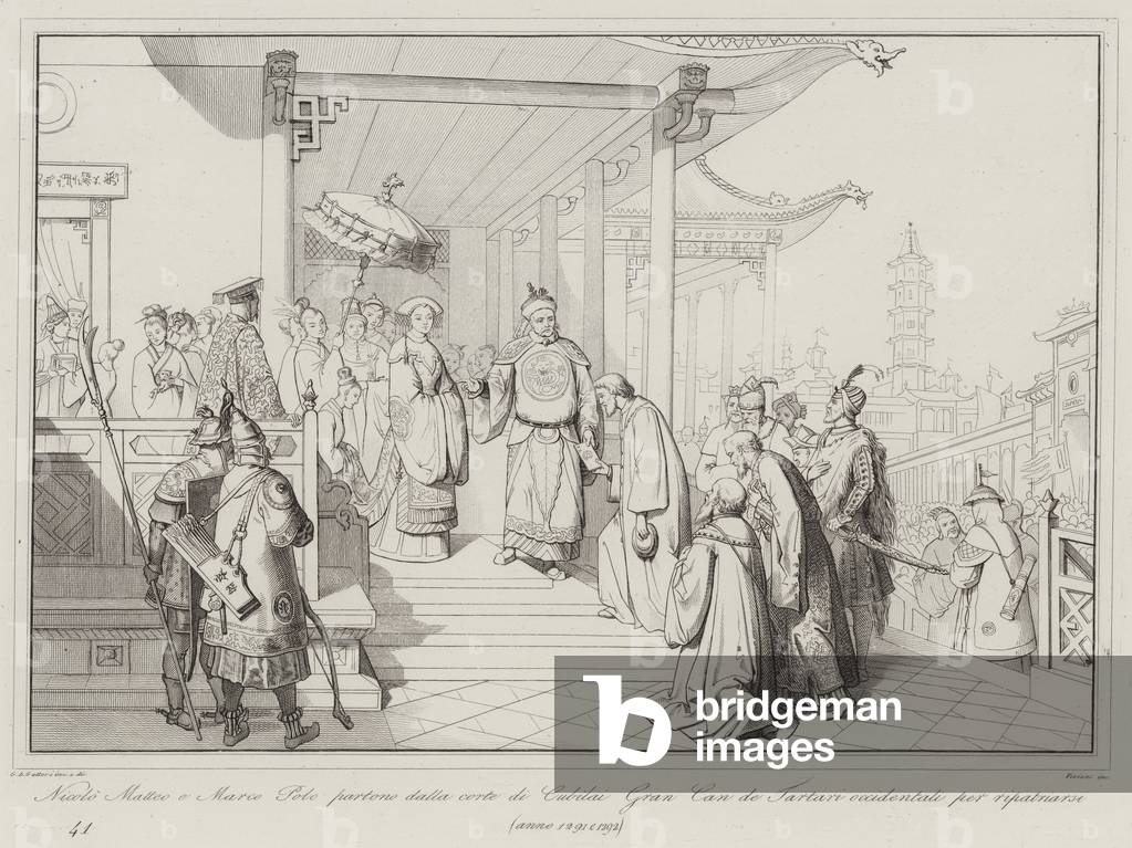 Immagine di Incisione "Nicolò Matteo e Marco Polo lasciano la corte di Kubilai Khan" 1867 di Italian School, b